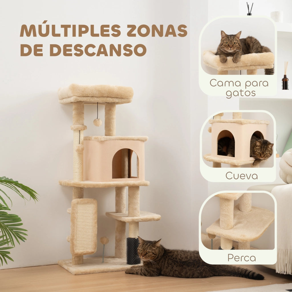 Albero tiragraffi per gatti con piattaforme e giocattoli ¨C zephmum ¨C beige 104cm