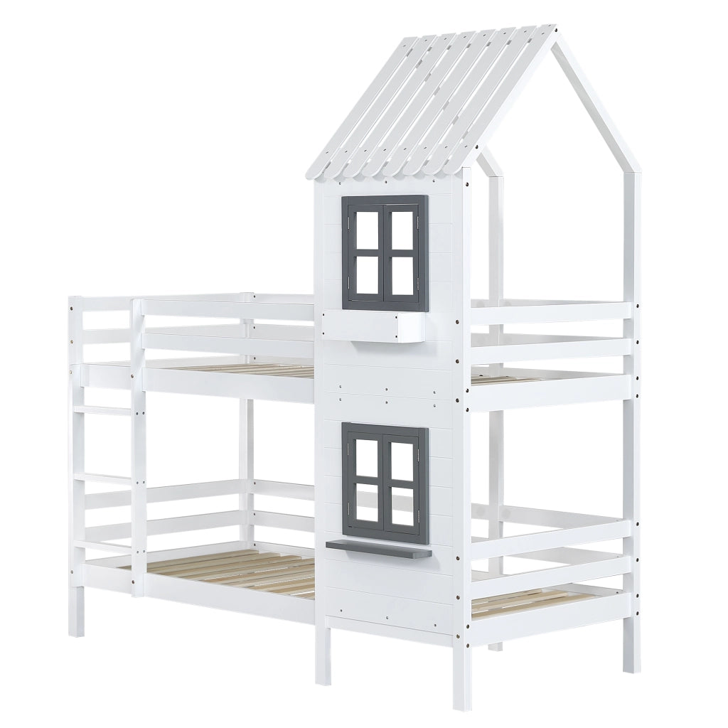 DESMIU Letto a castello bambino 90 × 200 cm con finestra, scala, sponde, senza materasso, legno, bianco