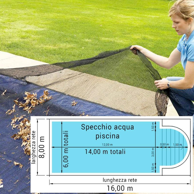 Rete Raccogli Foglie 16,00 X 8,00 M Per Piscine Fino A 14,00 X 6,00 M Con Scala Romana Dimensione piscina: 14.00 X 6.00 m