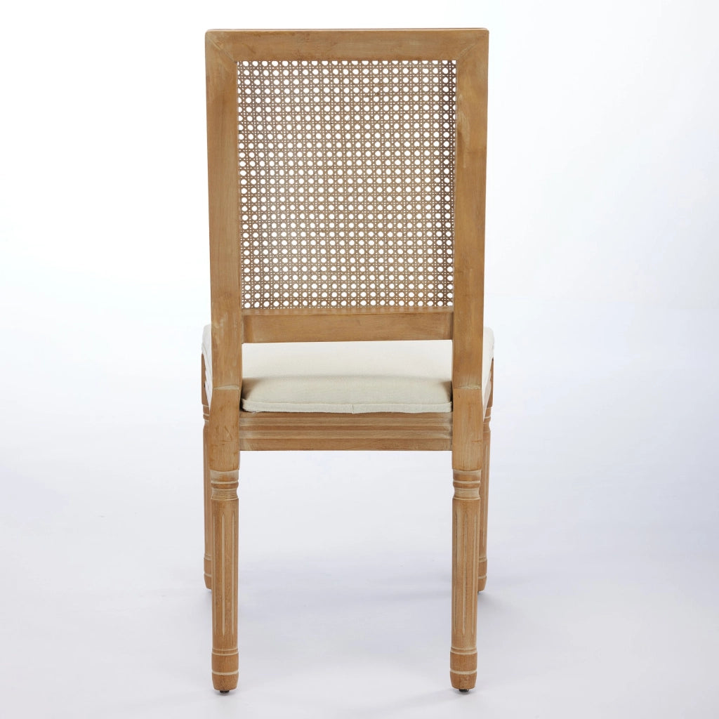 Set di 2 sedie da pranzo in stile rustico francese, struttura in legno massello anticato, schienale quadrato in rattan intrecciato, seduta rivestita i