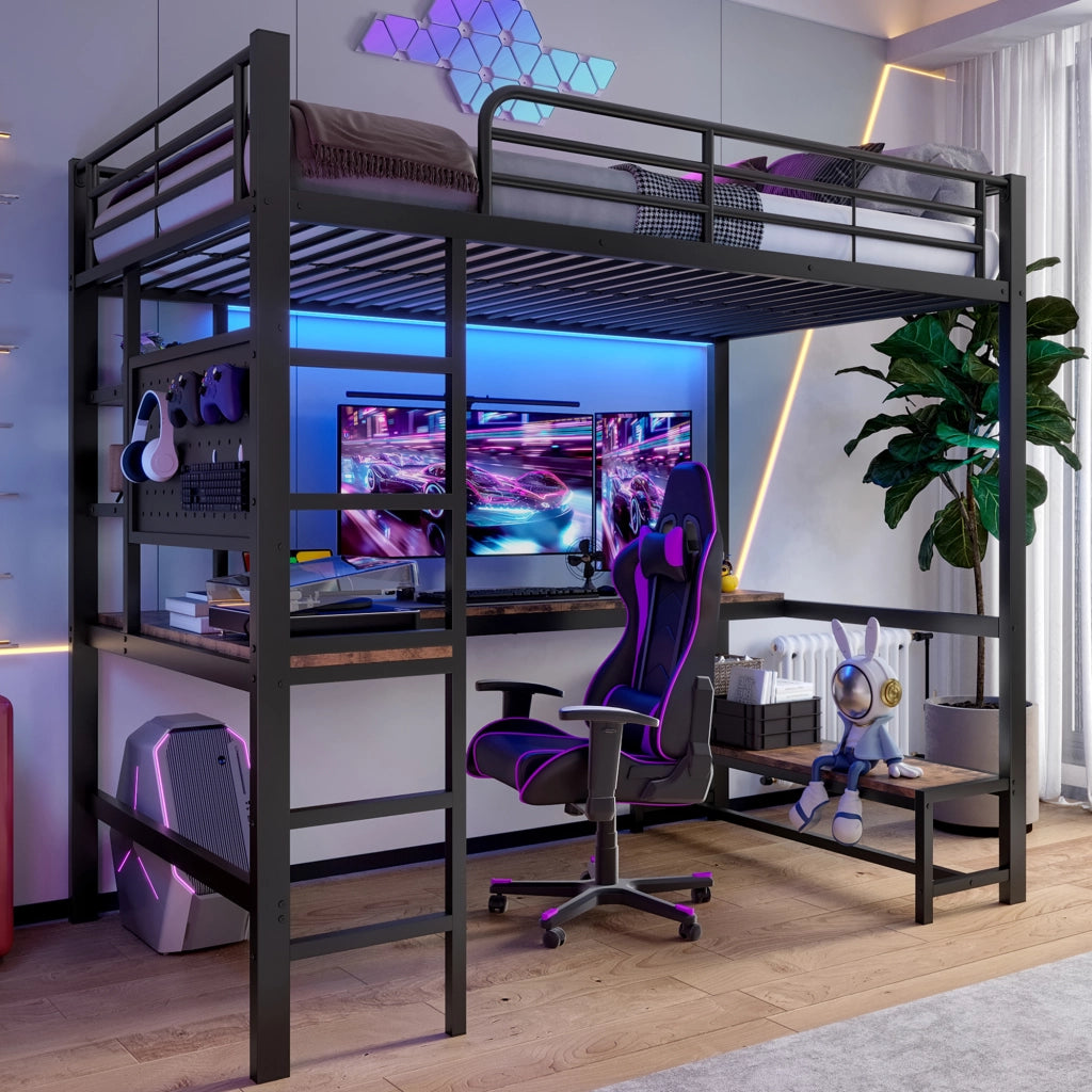 LETTO A CASTELLO 90 x 200 cm con scrivania e LED, metallo, nero