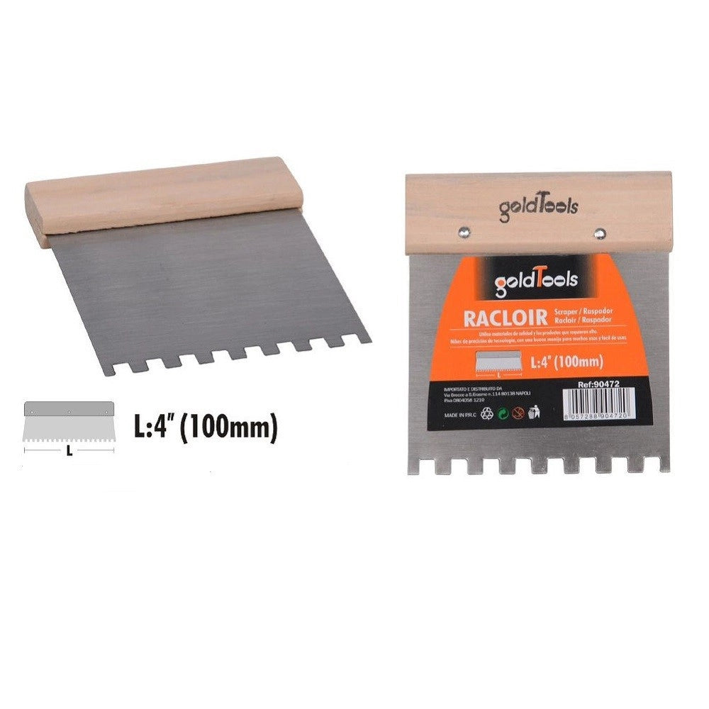 Trade Shop - Spatola Raschietto Dentato Acciaio Impugnatura Legno 4″ 100 Mm Ferramenta 90472 -