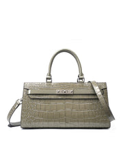 Borsa Kelly Bag in pelle di vacchetta con motivo coccodrillo, borsa a tracolla grande Wew, grigia