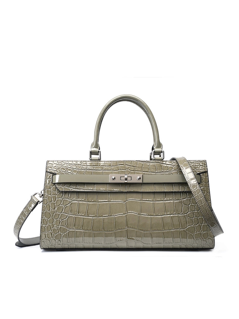 Borsa Kelly Bag in pelle di vacchetta con motivo coccodrillo, borsa a tracolla grande Wew, grigia