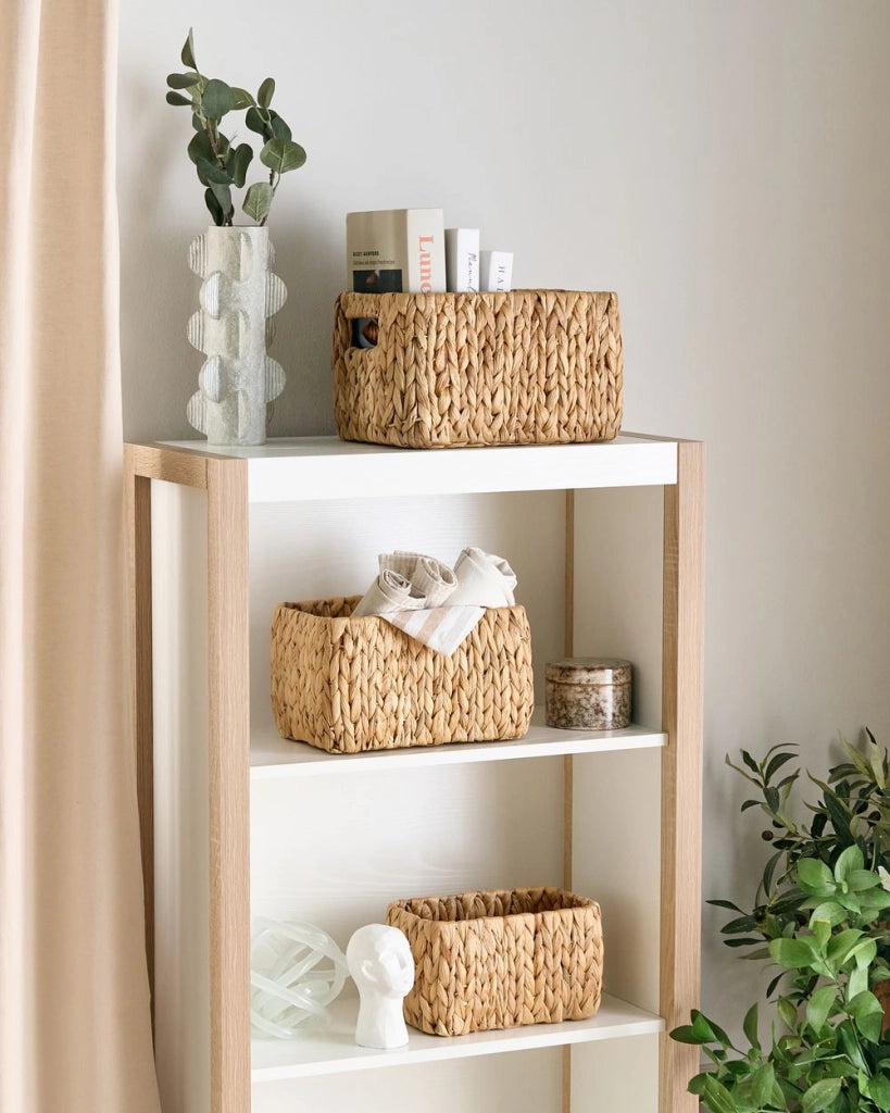 Set di 3 cestini portaoggetti in giacinto d'acqua chiaro fatti a mano maniglie scaffali design boho