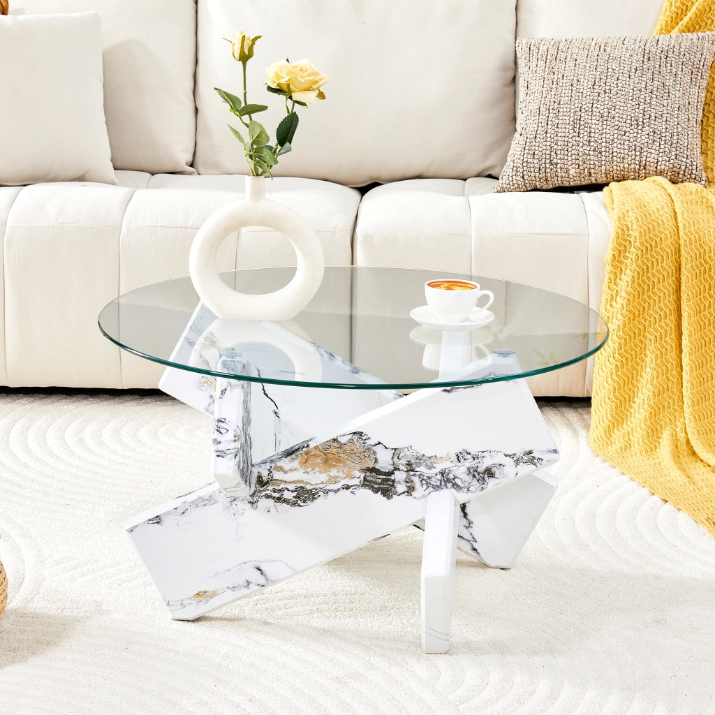 Tavolino rotondo in MDF e vetro multicolore opzionale: gambe di supporto con motivo effetto marmo bianco, semplici ed eleganti. Diametro 79 cm, piano