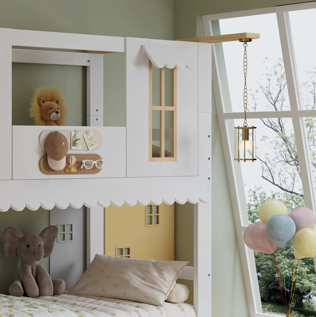 Letto a castello per bambini 90x200 cm con scala contenitore e design a casetta