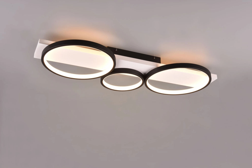 MEDERA PLAFONIERA 3 CERCHI METALLO NERO BASE LEGNO BIANCO CON DIMMERAZIONE AD INTERRUTTORE L. 80CM LED 33W 3800lm, 3000K