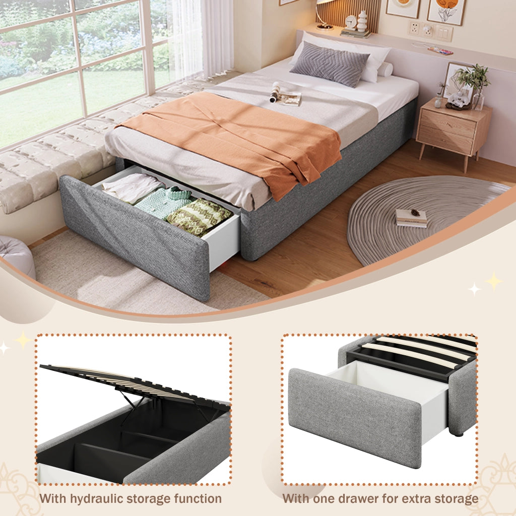 DESMIU Letto imbottito 90 × 200 cm 1 posto con 1 cassetto, contenitore idraulico, senza materasso, tessuto grigio