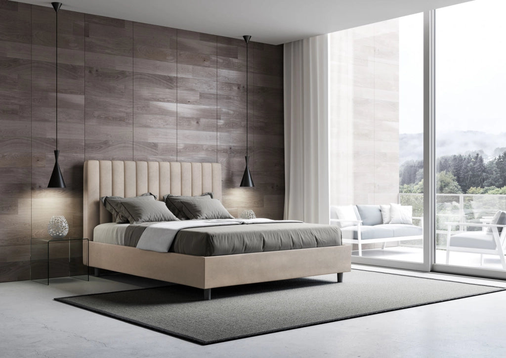 BS COM Letto matrimoniale con rete imbottito 160x210 microfibra sabbia