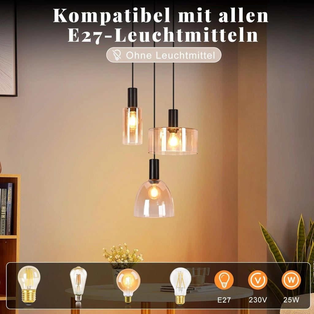 ZMH Lampada a Sospensione 3 Luci Vetro Ambra Industriale Altezza Regolabile per Sala da Pranzo Soggiorno Senza Lampadina