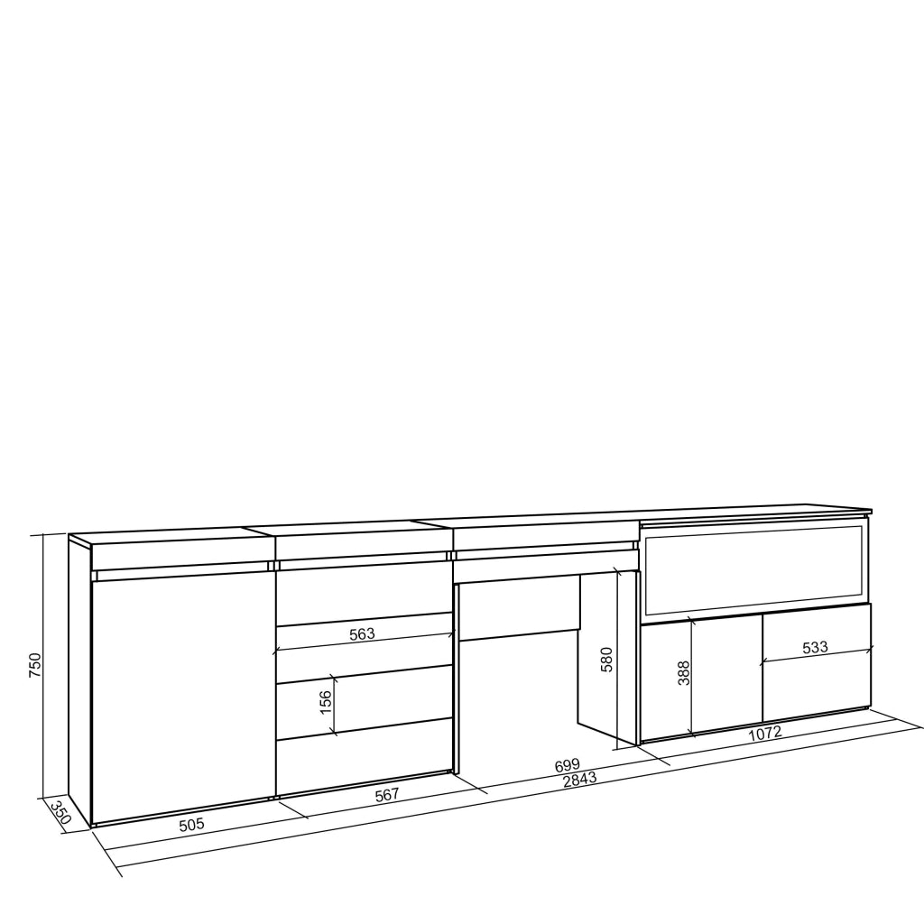 Tavolo da toeletta, 284x35x75cm, Con cassetto, Camino elettrico XXL, Cassettiera, colore Rovere RF3482