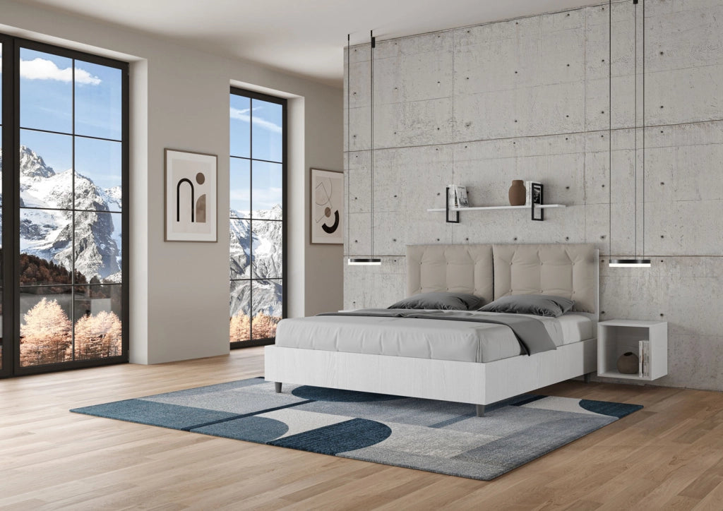 Letto Matrimoniale 160x200 cm con Rete e Contenitore Struttura Bianco Frassico con Cuscini in Similpelle Egos Annalisa