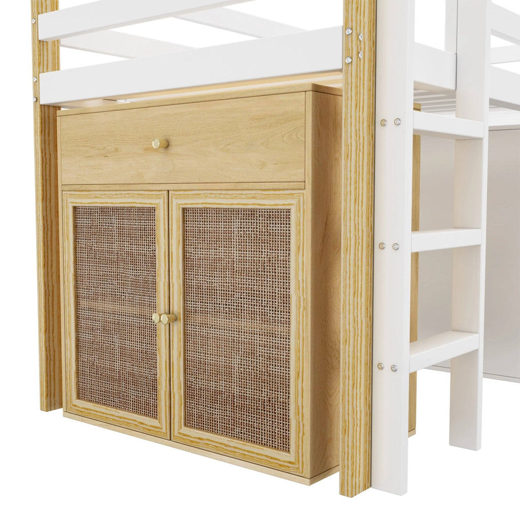 DESMIU Letto a Soppalco Singolo con 2 Armadi Contenitore e Scala, 90 × 200 cm, senza materasso, Naturale e Bianco