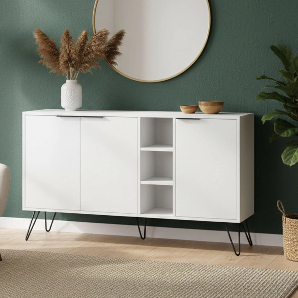Credenza Alin, Buffet da soggiorno, Madia da salotto, Dispensa da cucina, 142x36h83 cm, Bianco