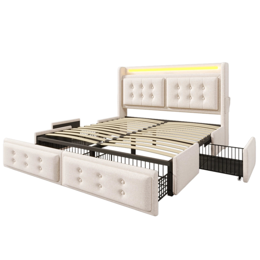 Letto Matrimoniale 180x200 Beige con 4 Cassetti; LED; 2 Prese; USB e Type-C