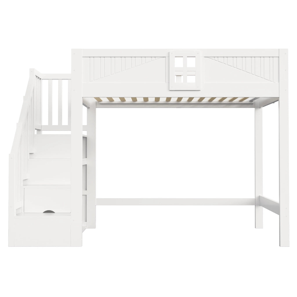 Letto a soppalco 140x200 cm con parapetto a finestra e scala contenitore reversibile; struttura in legno massello; bianco