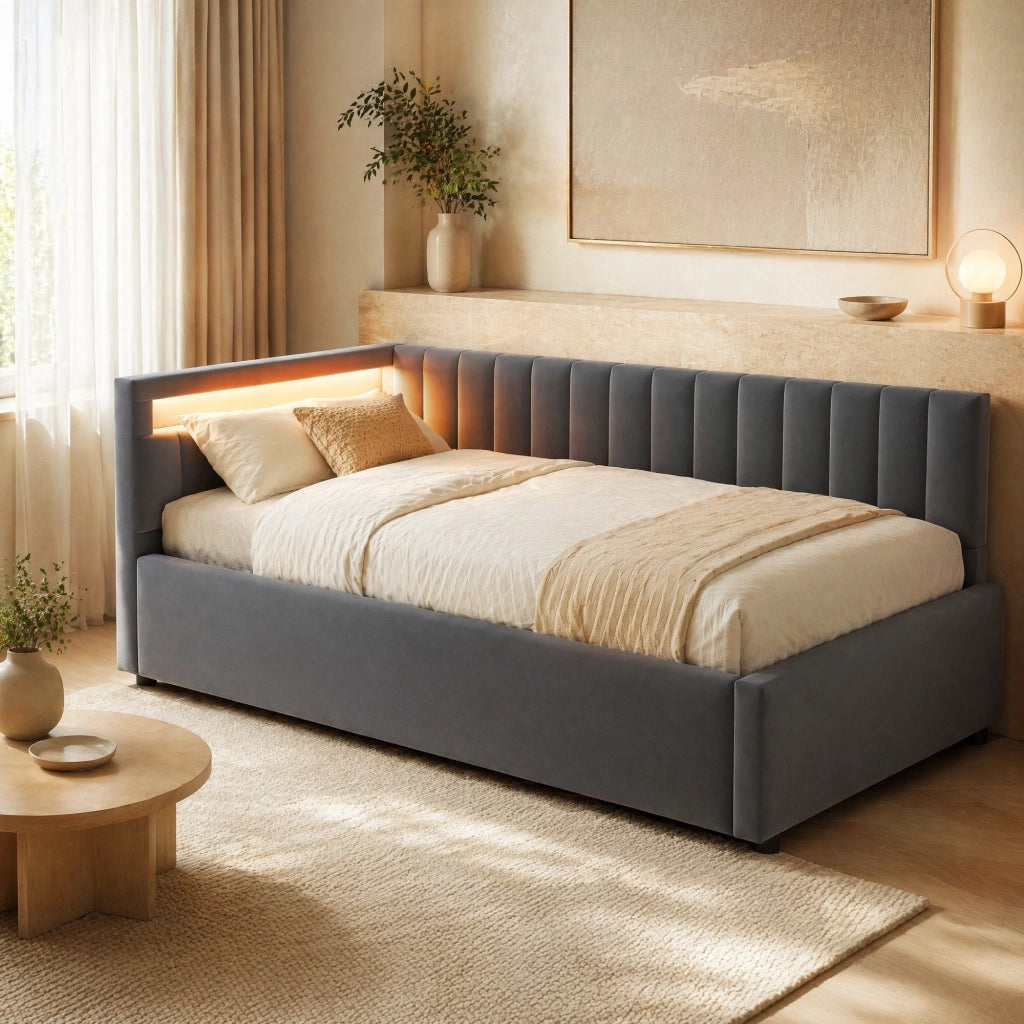 LETTO Divano imbottito 90x200 cm in velluto grigio con LED e contenitore