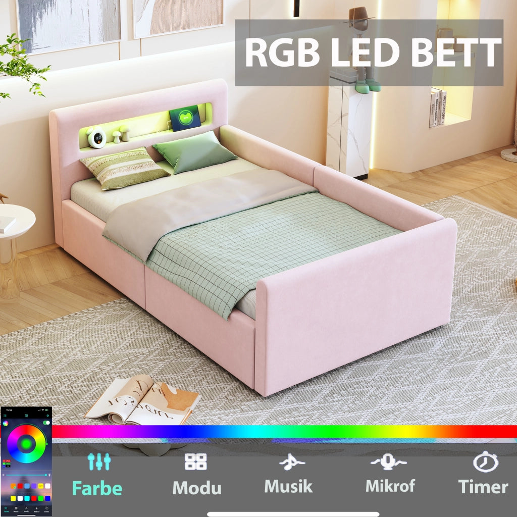 LETTO imbottito bambini 90x200 cm in velluto rosa con LED, USB e contenitore
