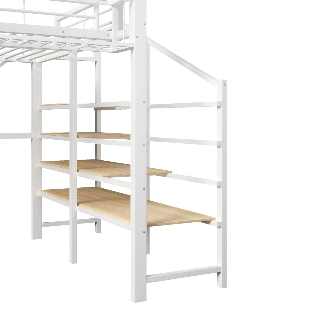 DESMIU Lit mezzanine 140 × 200 cm 2 posti con ripiani, LED, cestino portaoggetti, senza materasso, bianco