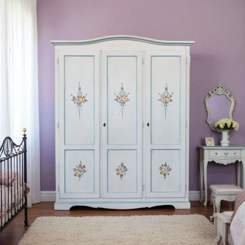 Armadio 3 porte legno bianco anticato filo azzurro decorato 158x56x197 - Mobili 2G