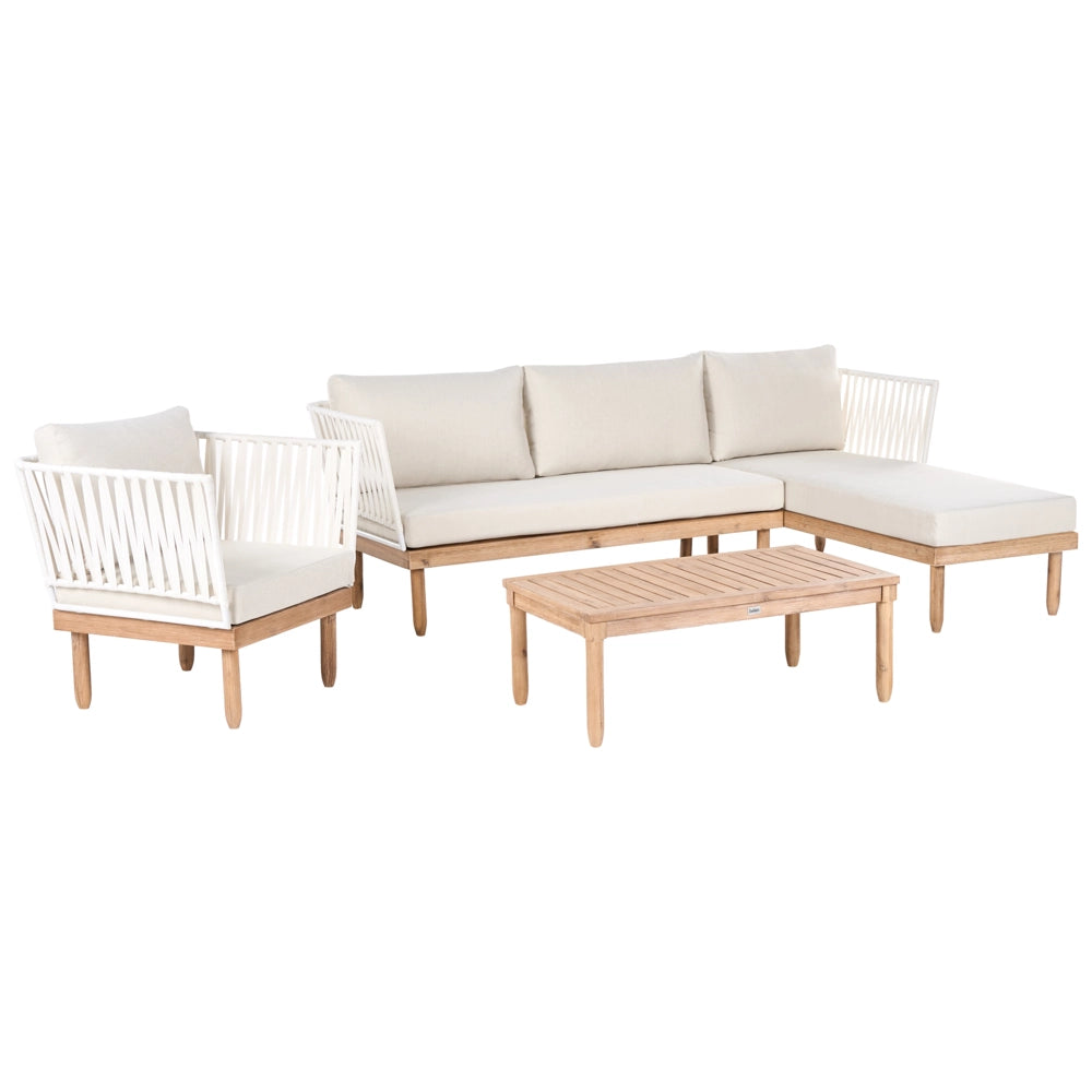Set Lounge da Esterno in Legno di Acacia con Cuscini Bianchi, Poltrona in Rattan Sintetico e Tavolino 4 Posti Sinistro