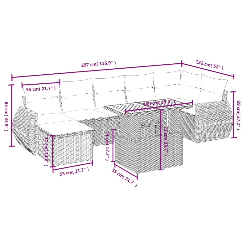 Set Divano da Giardino 8 pz con Cuscini Grigio in Polyrattan