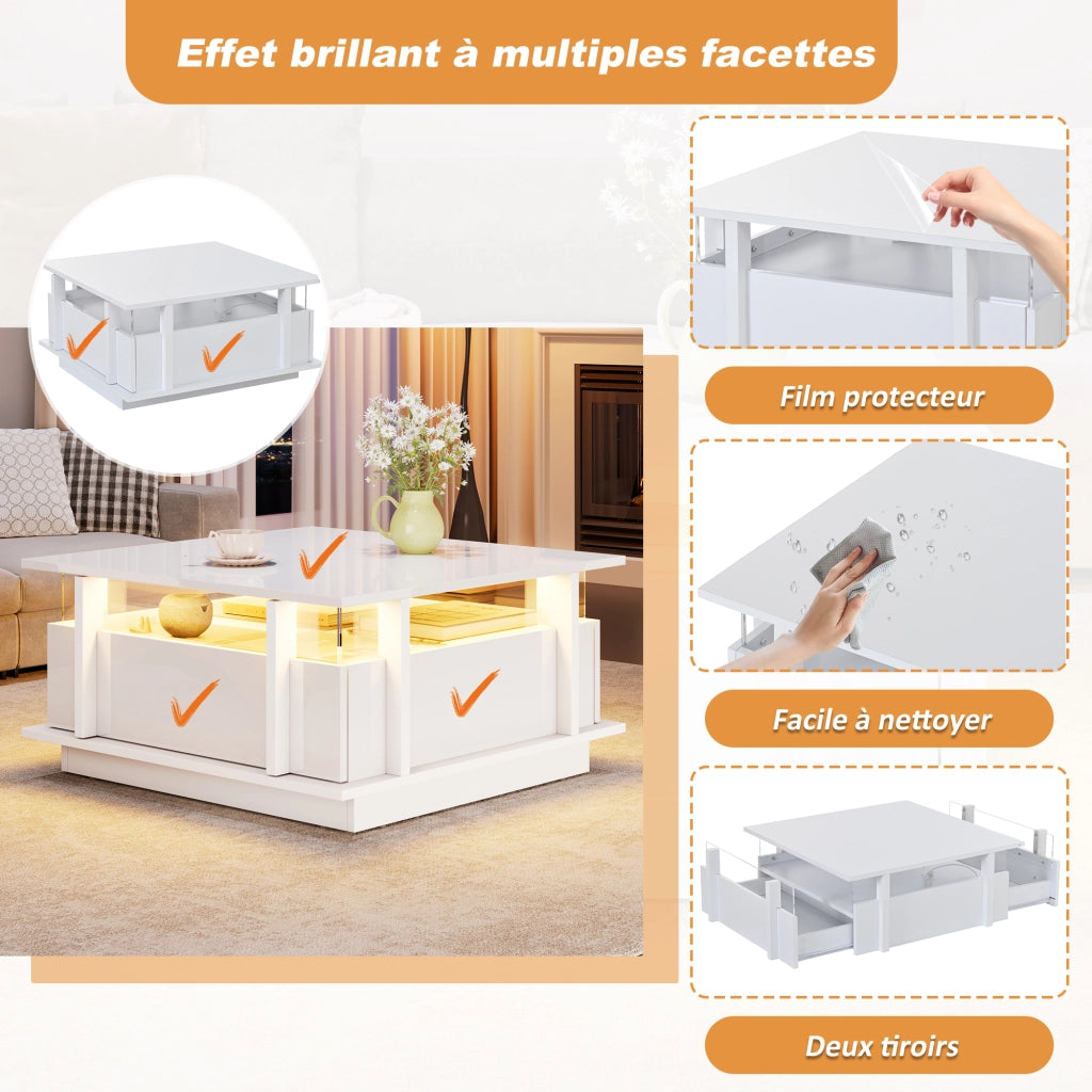 Tavolino da caffè con 2 cassetti e LED - per soggiorno - in truciolare - 70×70×35 cm - bianco