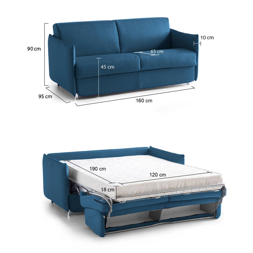 Follina, Divano Letto 2 Posti Sfoderabile Made in Italy, 160x95 cm blu