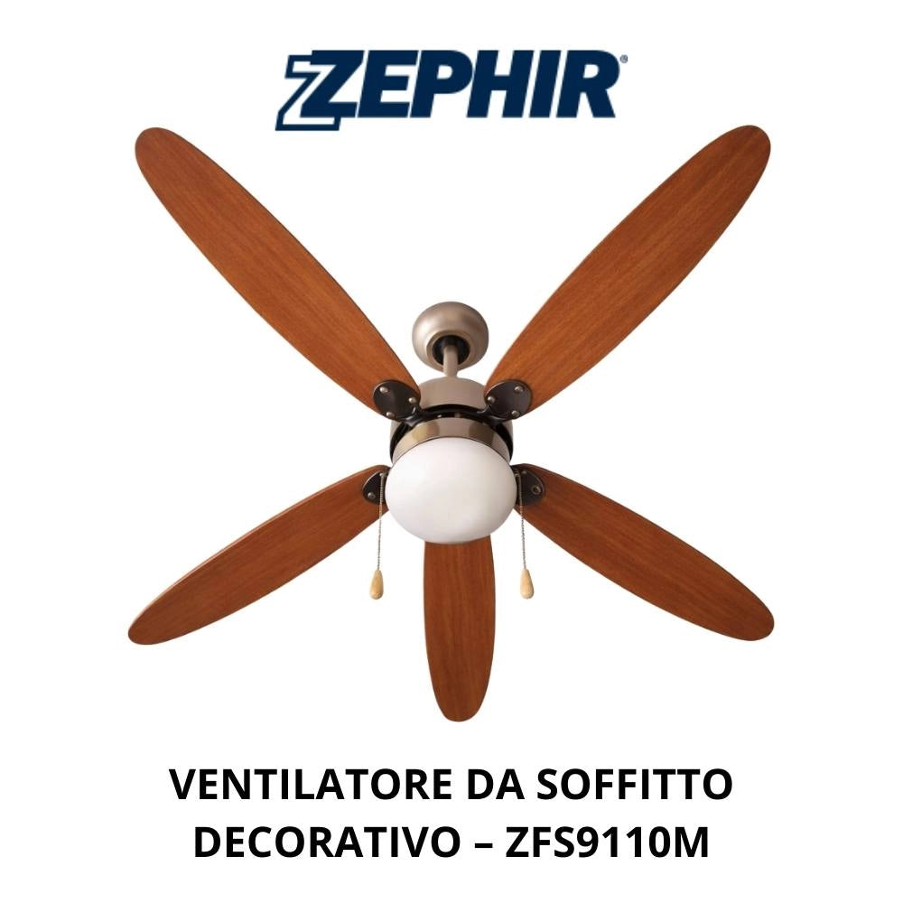 Ventilatore a soffitto di varie colorazioni con luce zephir 5 pale in legno, 3 velocità *** colore marrone, confezio...