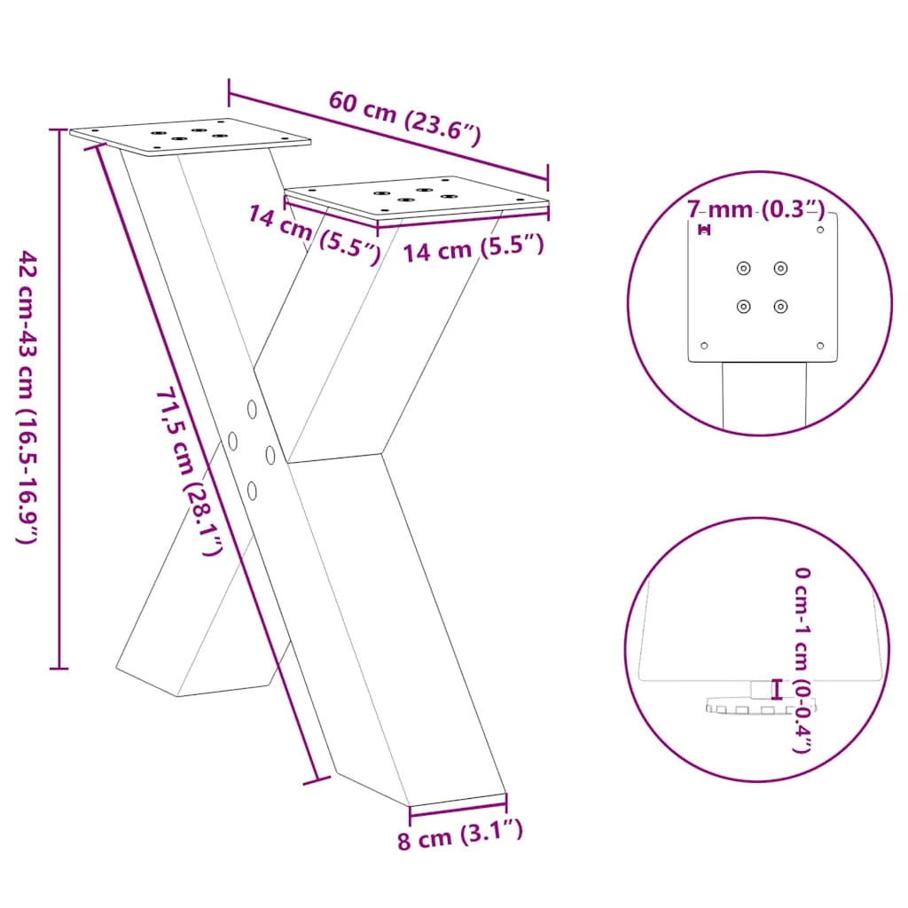Set di 2 gambe regolabili per tavolino da caffè a forma di X 60 x 42-43 cm in acciaio nero 02_0057232