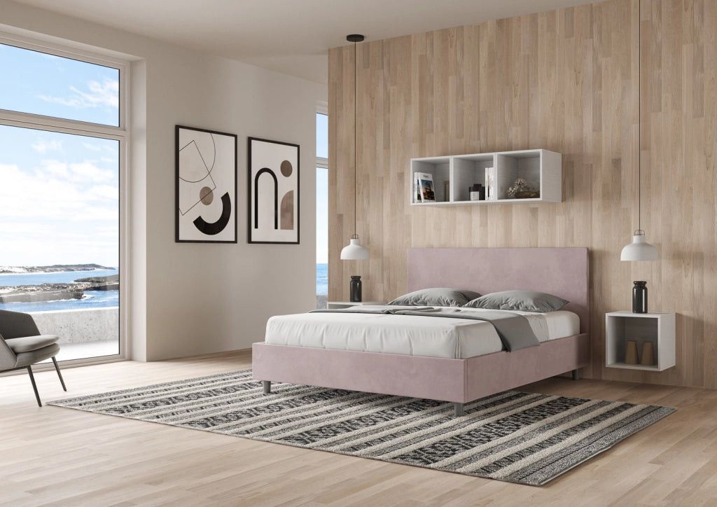 BS COM Letto queen size con rete imbottito 150x190 microfibra glicine