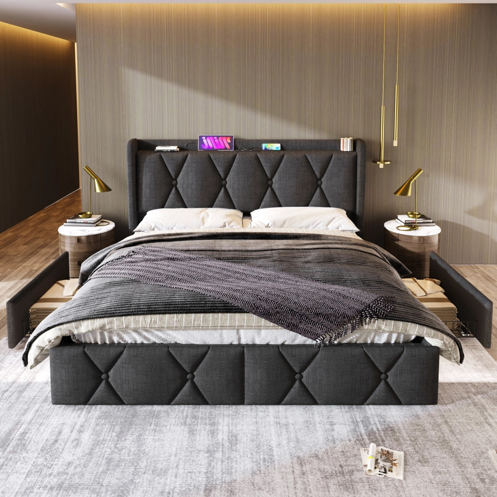 DESMIU Letto contenitore matrimoniale 140 × 200 cm con 4 cassetti, USB e materasso incluso, grigio