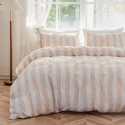 Set di lenzuola, 135 x 200 cm, beige e bianco a strisce, pieghe Pintuck, copriletto con cuscini 80 x 80 cm, microfibra, set di lenzuola con pieghe, chiusura a righello