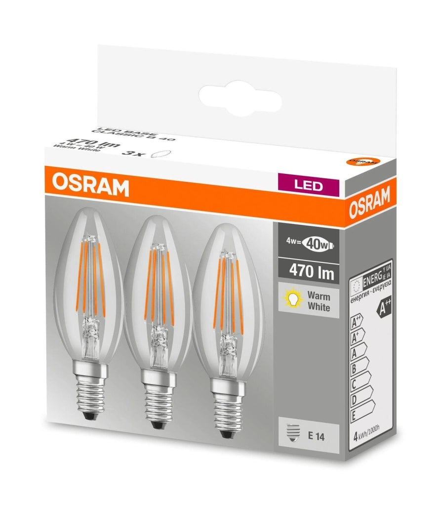 Osram 4058075819313 LED Base Classic B Lampadina LED Filamento Candela E14 4W 470lm 2700K Bianco Caldo Trasparente confezione 3 pezzi colore Chiaro
