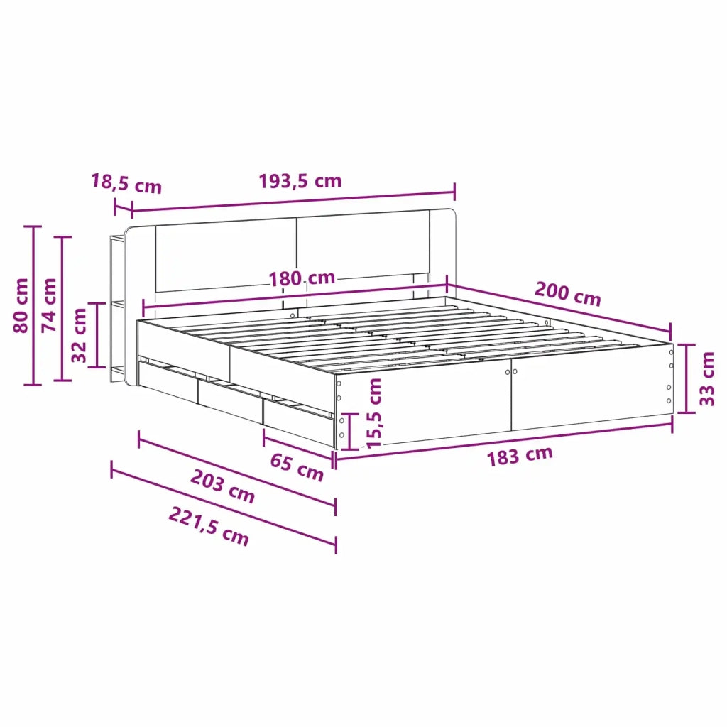 Letto matrimoniale | Letto per adulti | Telaio del letto con storage Sonoma grigio 180 x 200 cm