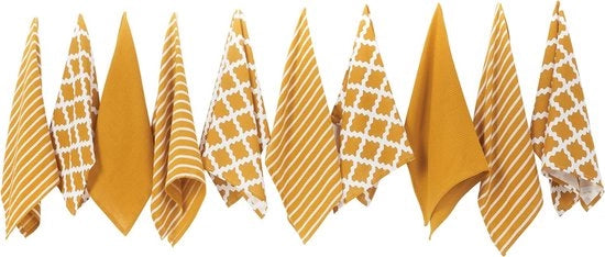 Set di 10 tovaglioli in 100% cotone - Leggero - Sostenibile - Disegno elegante giallo ocra con motivi vari Dimensioni - 65 x 45 cm, Pacchetto da 10, Giallo ocra