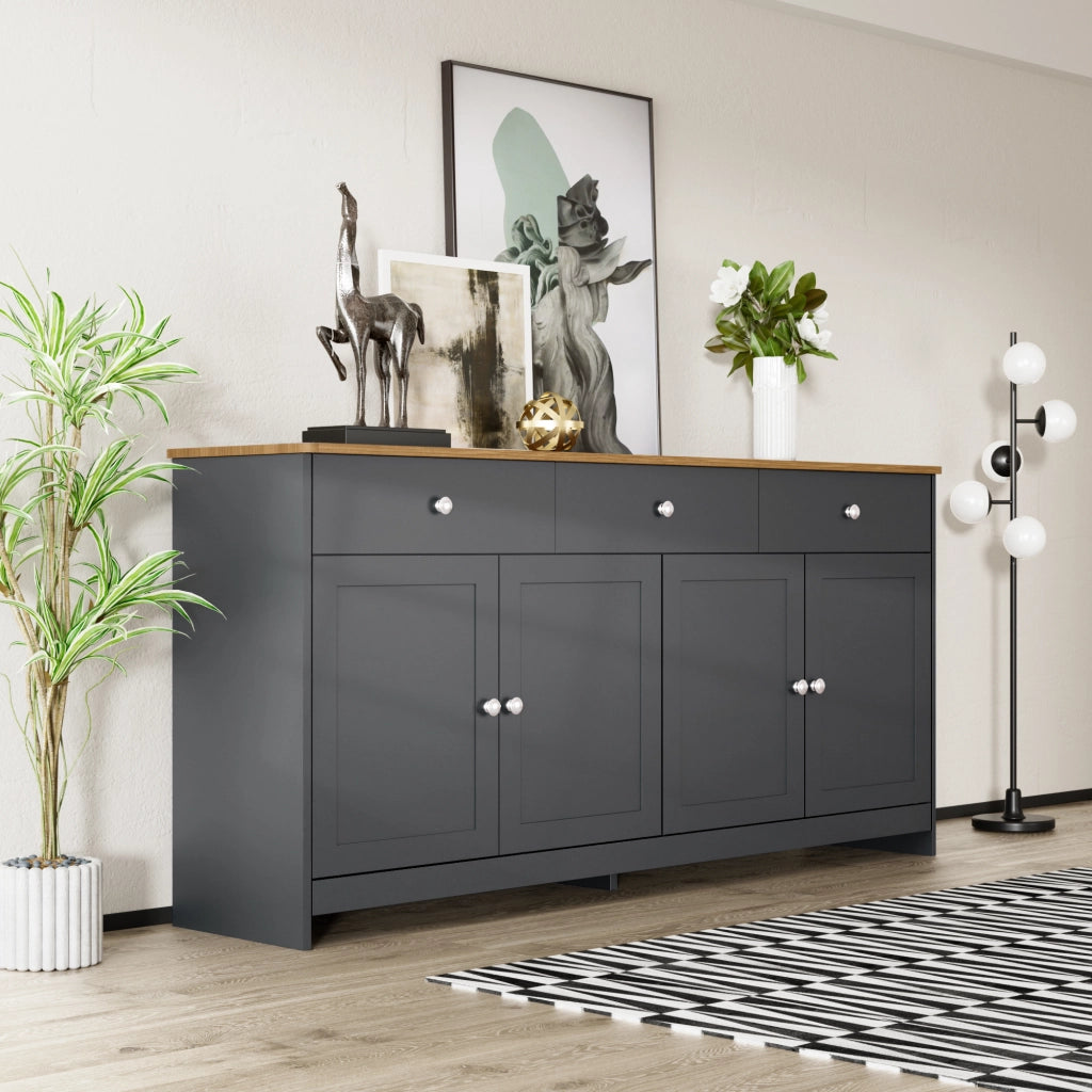 SIDEBOARD 160 cm in MDF Nero/Grigio con 3 cassetti e 4 ante