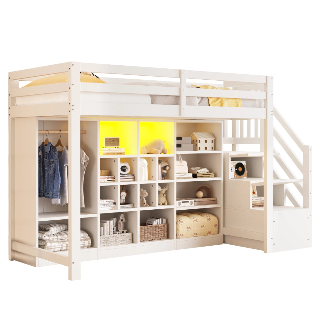 Letto a Soppalco con Contenitore e LED ¨C MINIMAL ¨C Bianco 90x200