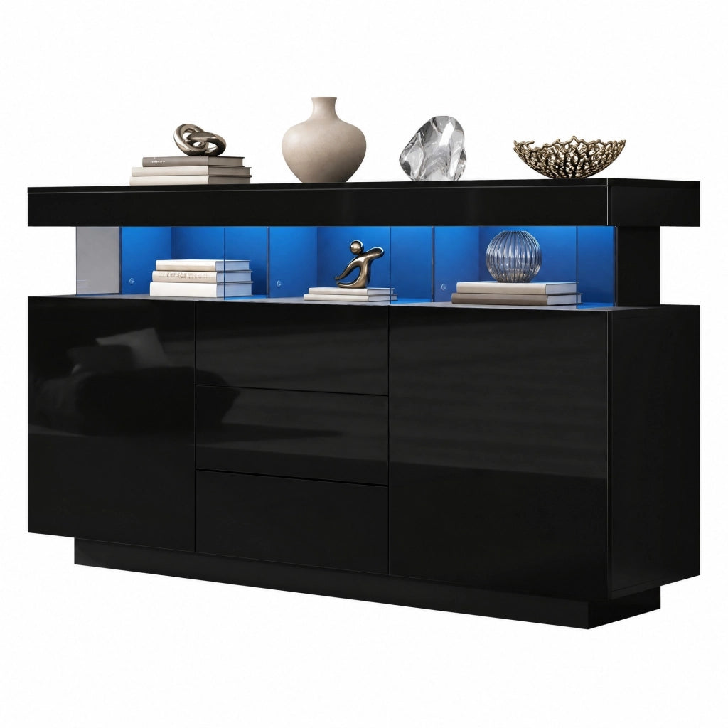 Credenza moderna lucida 140 x 35 x 80 cm con LED; 3 cassetti e 2 ante; nero