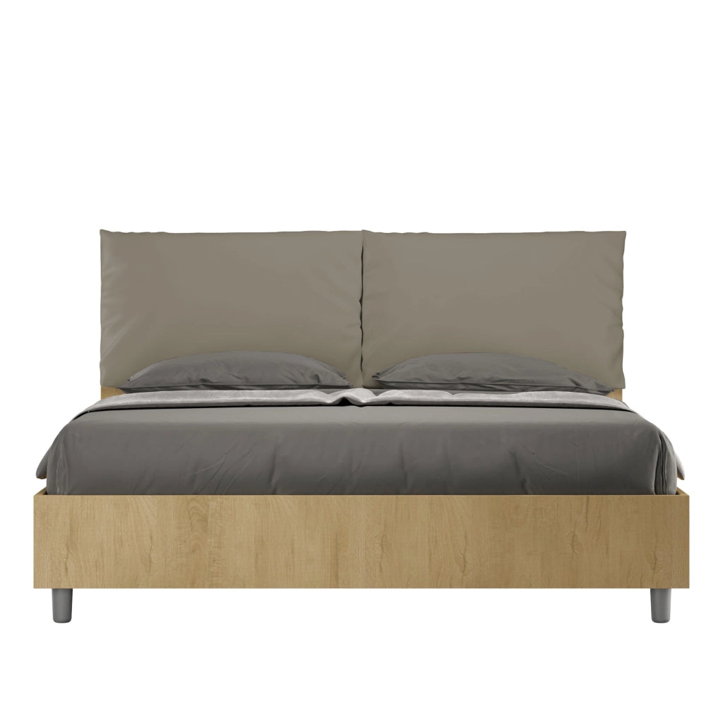 Letto Matrimoniale 160x190 cm con Rete e Contenitore Struttura Quercia con Cuscini in Similpelle Egos Antea Cappuccino