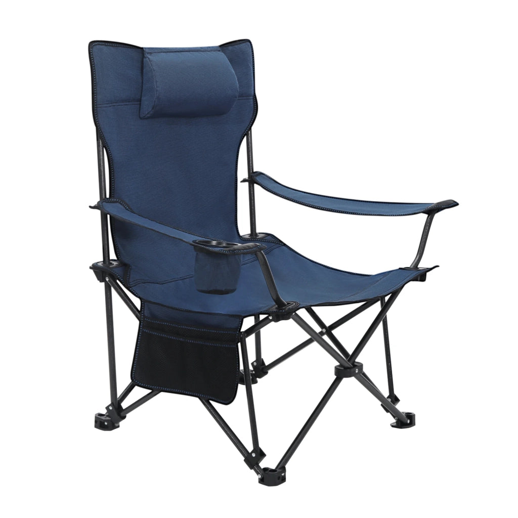 Sedia da campeggio pieghevole con poggiapiedi estraibile, schienale regolabile, portabicchieri, 150 kg, blu
