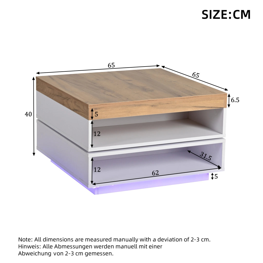 Tavolino quadrato 65¡Á65¡Á40 cm con piano girevole a 360¡ã, illuminazione LED e ripiani aperti, Bianco + effetto legno