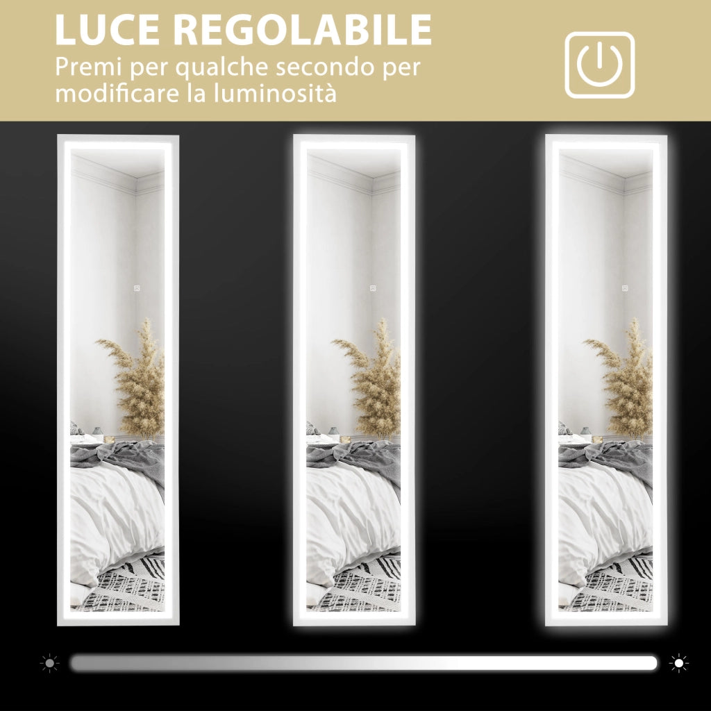 Specchio da Terra con Luci LED Regolabili. 3 Colori. 40x160 cm Specchio da Parete e Autoportante a Figura Intera in Vetro Temperato e MDF con Funzione Memory. per Soggiorno. Bianco