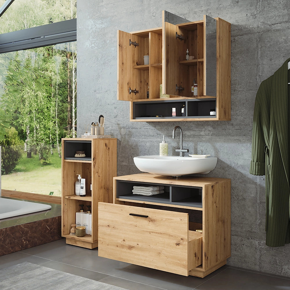 Vicco Set di mobili da bagno Rovere artigianale/antracite 3 pezzi con unità midi