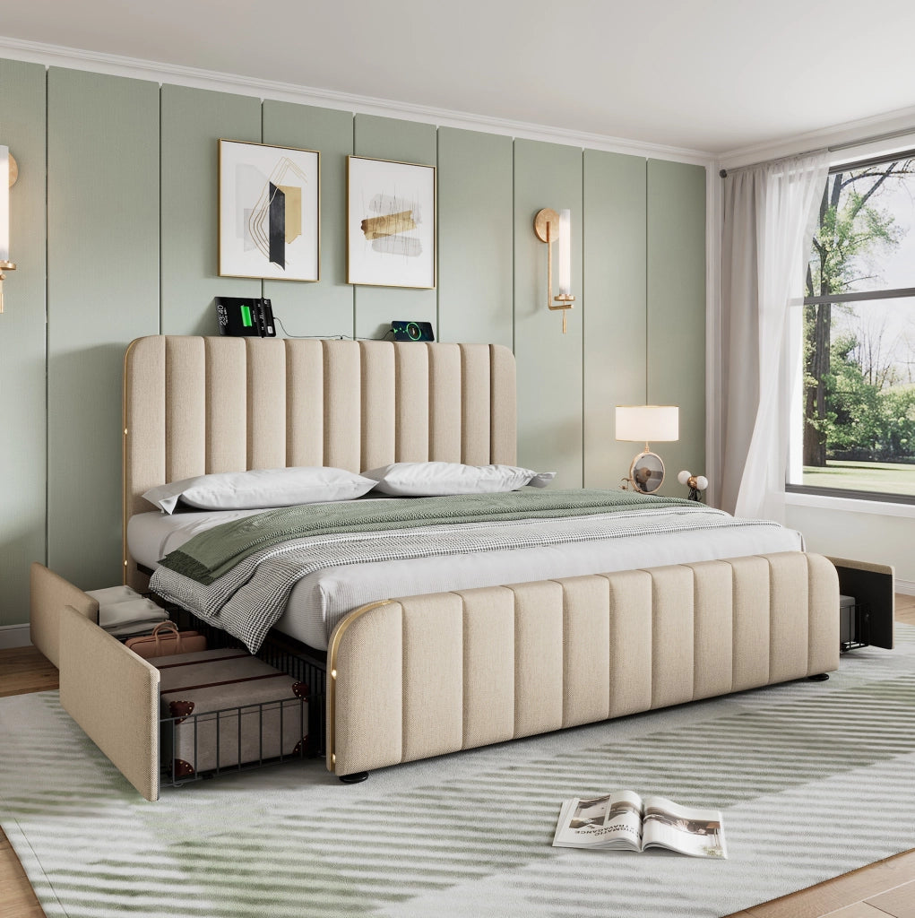 Letto matrimoniale imbottito con materasso, 4 cassetti e USB Type-C