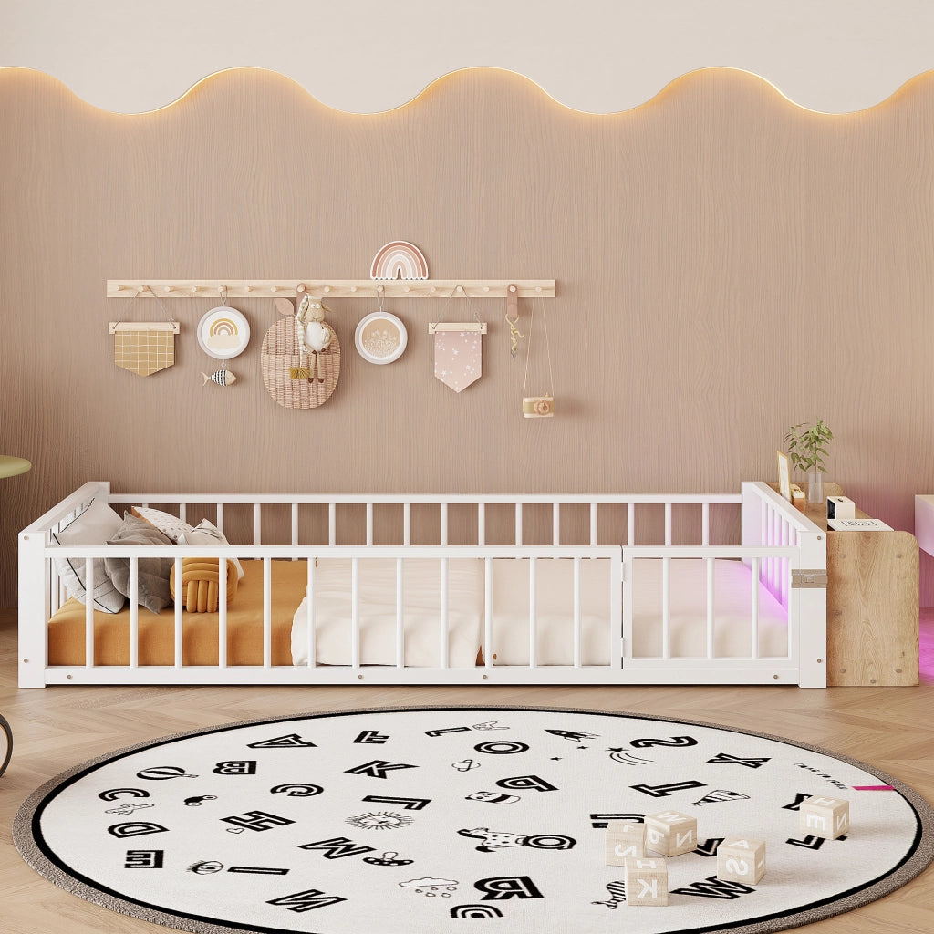 OKWISH Letto per Bambini 90 x 200 cm con Sponda, Vano Aperto e LED, senza Materasso, Metallo e MDF, Bianco