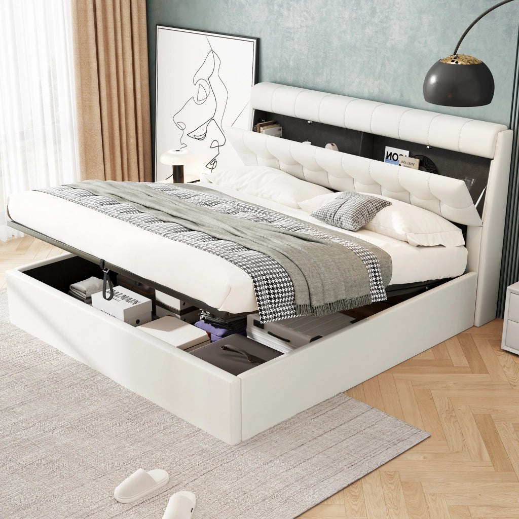 Letto imbottito con contenitore idraulico e testiera con vano nascosto; rivestimento in PU bianco; 160x200 cm; senza materasso