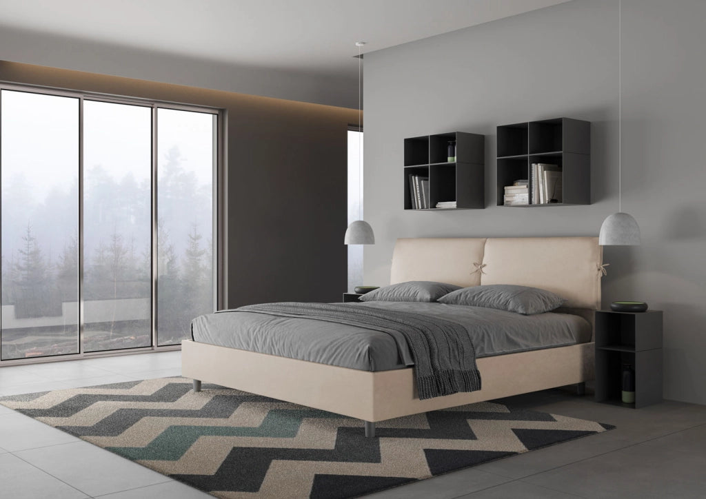 Letto Matrimoniale King Size 200x200 cm Senza Rete Testata con Cuscini Imbottito in Microfibra Mados Sabbia
