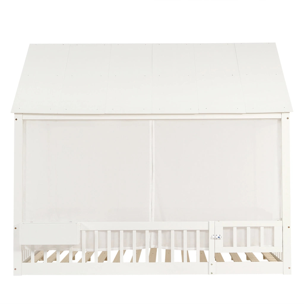 DESMIU Lit enfant 140 × 200 cm avec rangement, fenêtres décoratives, sans matelas, en bois massif et MDF, blanc